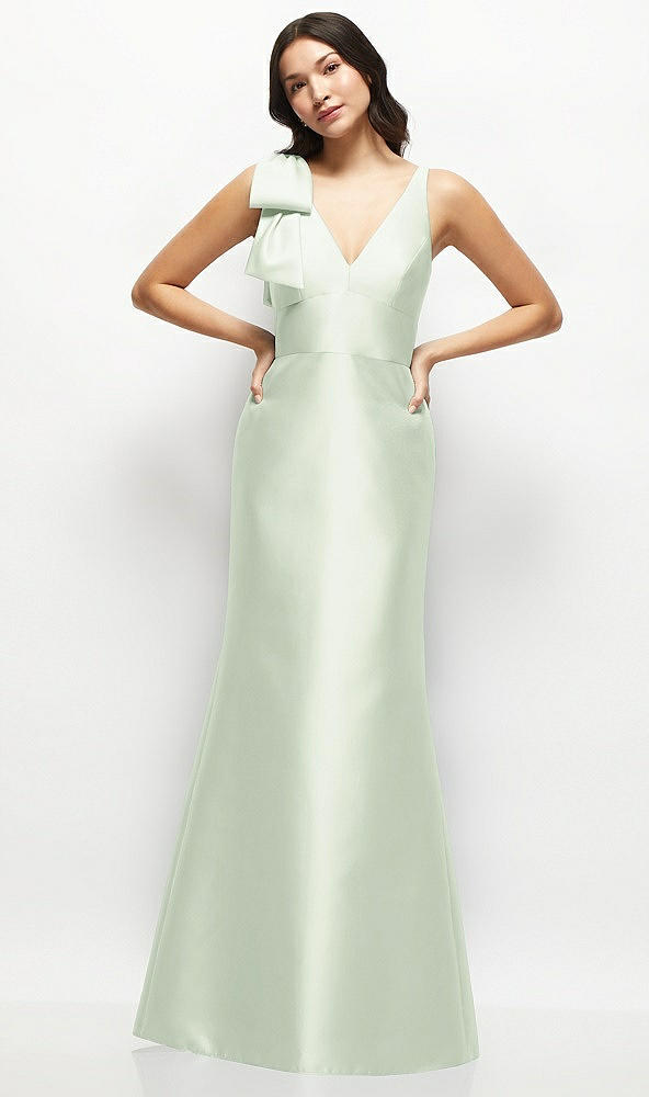 Front View - Mint Green Deep V-back Satin Trumpet Dress with Cascading Bow at One Shoulder