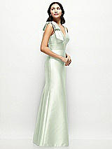 Side View Thumbnail - Mint Green Deep V-back Satin Trumpet Dress with Cascading Bow at One Shoulder