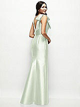 Rear View Thumbnail - Mint Green Deep V-back Satin Trumpet Dress with Cascading Bow at One Shoulder