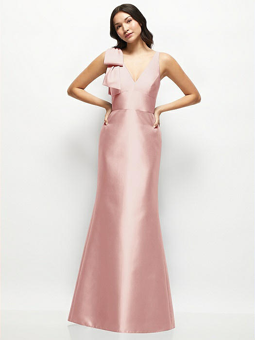 Deep V-back Satin Trumpet Dress with Cascading Bow at One Shoulder