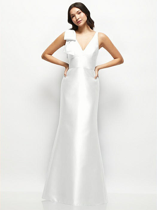 Deep V-back Satin Trumpet Dress with Cascading Bow at One Shoulder