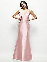 Front View Thumbnail - Ballet Pink Deep V-back Satin Trumpet Dress with Cascading Bow at One Shoulder