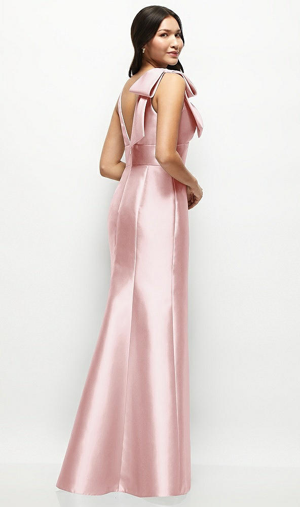 Back View - Ballet Pink Deep V-back Satin Trumpet Dress with Cascading Bow at One Shoulder
