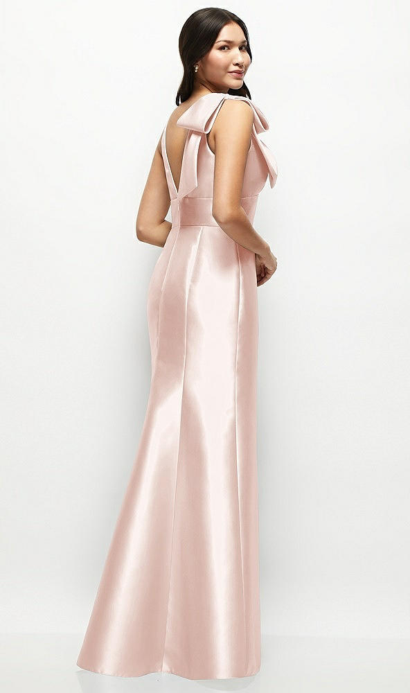 Back View - Blush Deep V-back Satin Trumpet Dress with Cascading Bow at One Shoulder