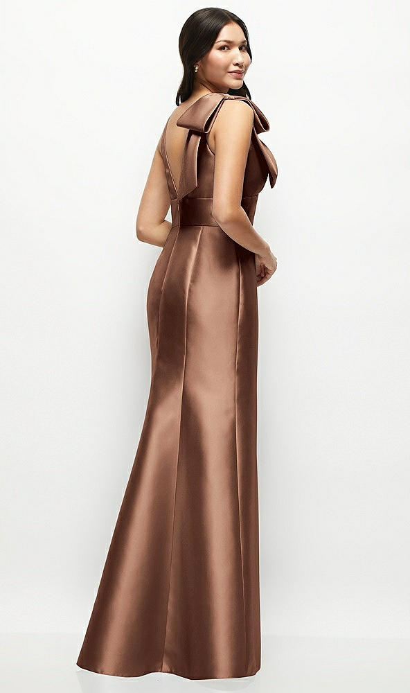 Back View - Cognac Deep V-back Satin Trumpet Dress with Cascading Bow at One Shoulder