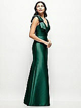 Side View Thumbnail - Hunter Green Deep V-back Satin Trumpet Dress with Cascading Bow at One Shoulder