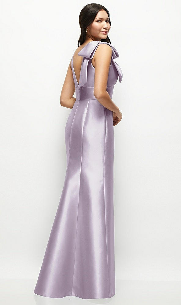 Back View - Lilac Haze Deep V-back Satin Trumpet Dress with Cascading Bow at One Shoulder