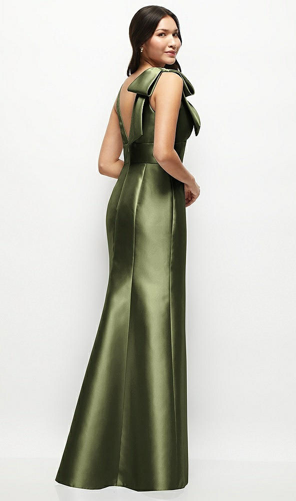 Back View - Olive Green Deep V-back Satin Trumpet Dress with Cascading Bow at One Shoulder