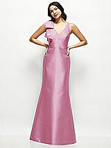 Front View Thumbnail - Powder Pink Deep V-back Satin Trumpet Dress with Cascading Bow at One Shoulder