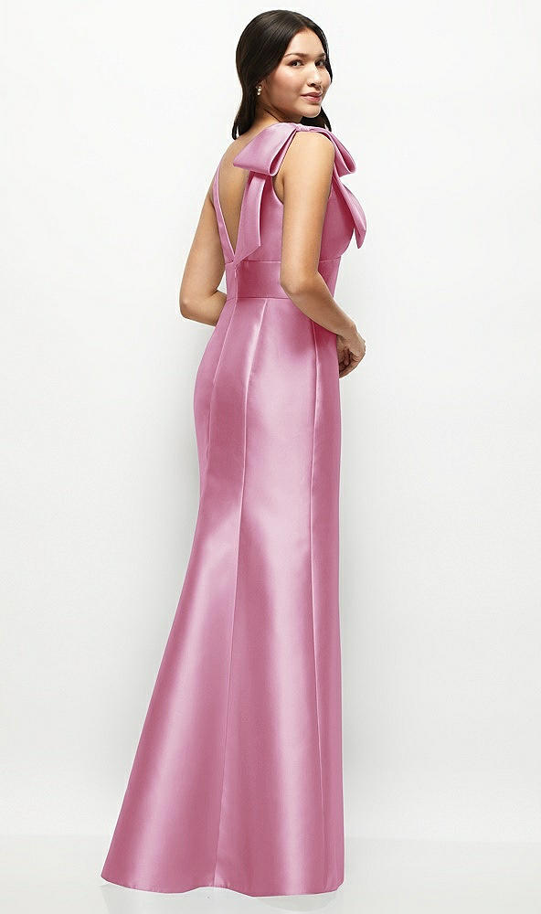Back View - Powder Pink Deep V-back Satin Trumpet Dress with Cascading Bow at One Shoulder