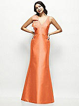 Front View Thumbnail - Portofino Orange Deep V-back Satin Trumpet Dress with Cascading Bow at One Shoulder