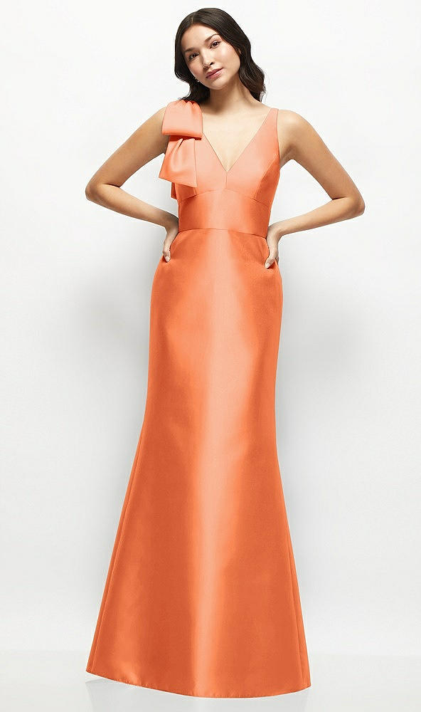 Front View - Portofino Orange Deep V-back Satin Trumpet Dress with Cascading Bow at One Shoulder