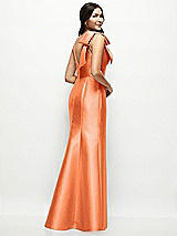Rear View Thumbnail - Portofino Orange Deep V-back Satin Trumpet Dress with Cascading Bow at One Shoulder