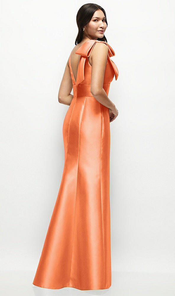 Back View - Portofino Orange Deep V-back Satin Trumpet Dress with Cascading Bow at One Shoulder