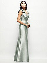 Side View Thumbnail - Willow Green Deep V-back Satin Trumpet Dress with Cascading Bow at One Shoulder