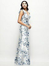 Side View Thumbnail - Cottage Rose Larkspur Deep V-back Floral Satin Trumpet Dress with One-Shoulder Cascading Bow
