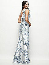 Rear View Thumbnail - Cottage Rose Larkspur Deep V-back Floral Satin Trumpet Dress with One-Shoulder Cascading Bow