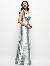 Side View Thumbnail - Porcelain Blue Seraphina Floral Deep V-back Floral Satin Trumpet Dress with One-Shoulder Cascading Bow