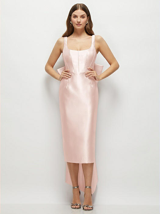 Scoop Neck Corset Satin Midi Dress with Floor-Length Bow Tails