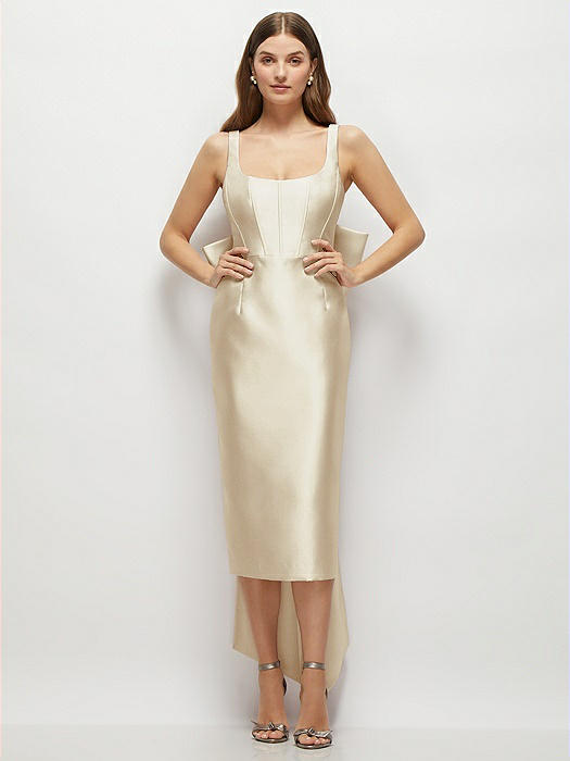 Scoop Neck Corset Satin Midi Dress with Floor-Length Bow Tails