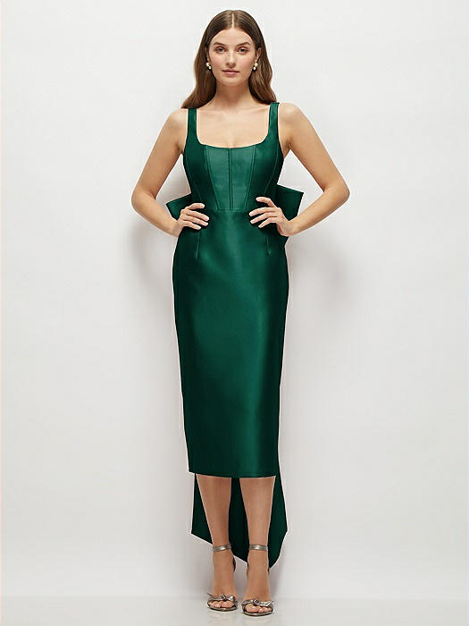 Scoop Neck Corset Satin Midi Dress with Floor-Length Bow Tails