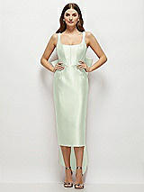 Front View Thumbnail - Mint Green Scoop Neck Corset Satin Midi Dress with Floor-Length Bow Tails