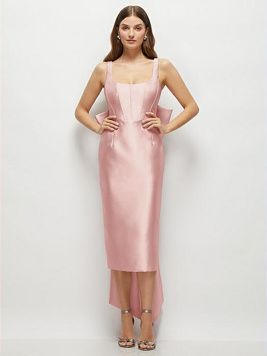 Scoop Neck Corset Satin Midi Dress with Floor-Length Bow Tails