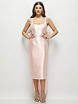 Front View Thumbnail - Blush Scoop Neck Corset Satin Midi Dress with Floor-Length Bow Tails