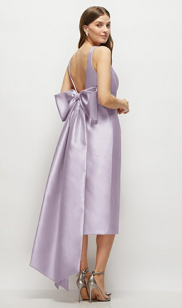 Back View - Lilac Haze Scoop Neck Corset Satin Midi Dress with Floor-Length Bow Tails