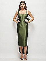 Front View Thumbnail - Olive Green Scoop Neck Corset Satin Midi Dress with Floor-Length Bow Tails