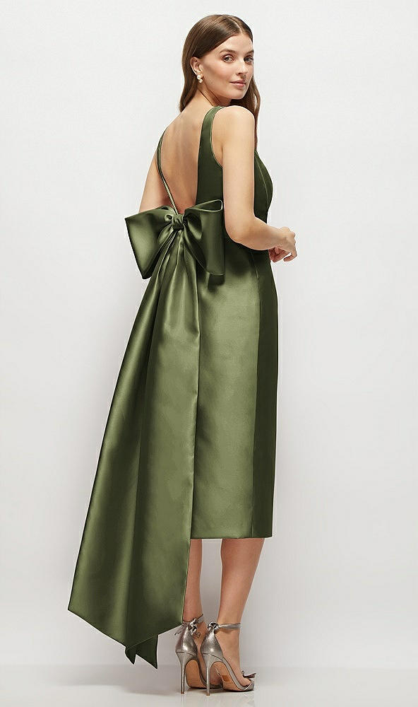 Back View - Olive Green Scoop Neck Corset Satin Midi Dress with Floor-Length Bow Tails