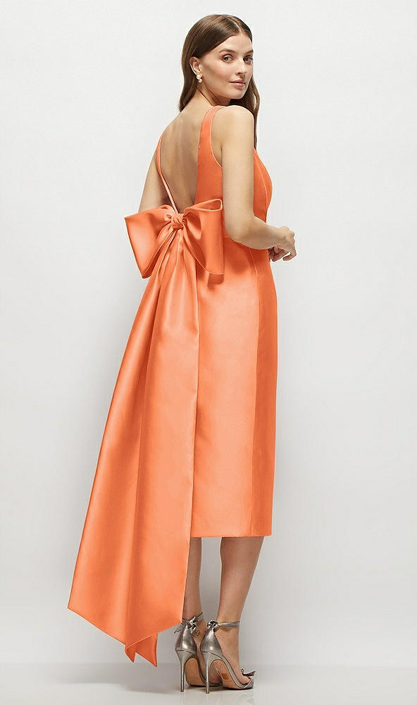 Back View - Portofino Orange Scoop Neck Corset Satin Midi Dress with Floor-Length Bow Tails