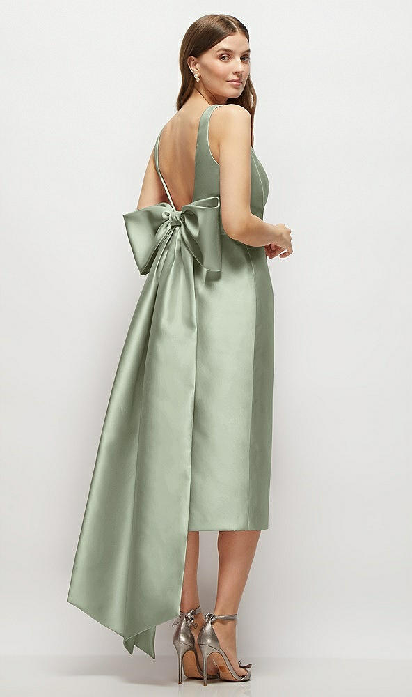 Back View - Sage Scoop Neck Corset Satin Midi Dress with Floor-Length Bow Tails