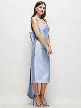 Side View Thumbnail - Sky Blue Scoop Neck Corset Satin Midi Dress with Floor-Length Bow Tails
