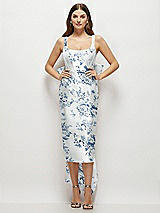 Front View Thumbnail - Cottage Rose Larkspur Floral Scoop Neck Corset Satin Midi Dress with Floor-Length Bow Tails