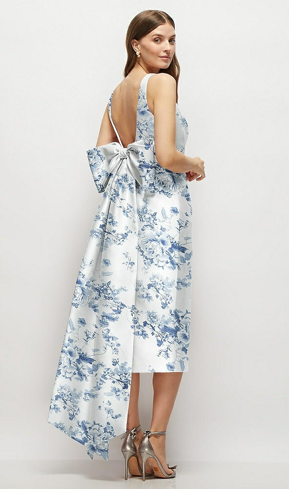 Back View - Cottage Rose Larkspur Floral Scoop Neck Corset Satin Midi Dress with Floor-Length Bow Tails