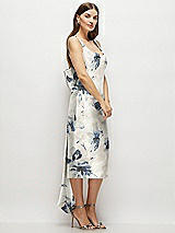 Side View Thumbnail - Inkwash Blue Floral Floral Scoop Neck Corset Satin Midi Dress with Floor-Length Bow Tails