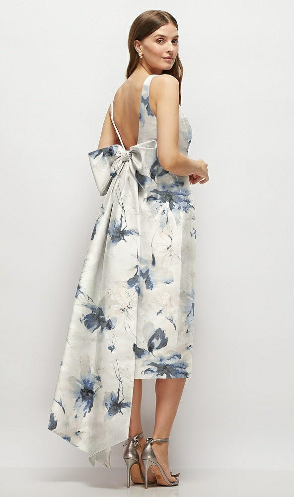 Back View - Inkwash Blue Floral Floral Scoop Neck Corset Satin Midi Dress with Floor-Length Bow Tails
