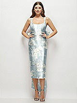 Front View Thumbnail - Porcelain Blue Seraphina Floral Floral Scoop Neck Corset Satin Midi Dress with Floor-Length Bow Tails