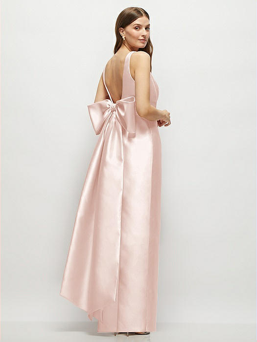 Scoop Neck Corset Satin Maxi Dress with Floor-Length Bow Tails