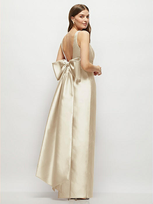 Scoop Neck Corset Satin Maxi Dress with Floor-Length Bow Tails
