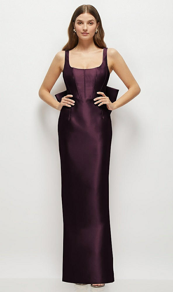 Back View - Deep Plum Scoop Neck Corset Satin Maxi Dress with Floor-Length Bow Tails