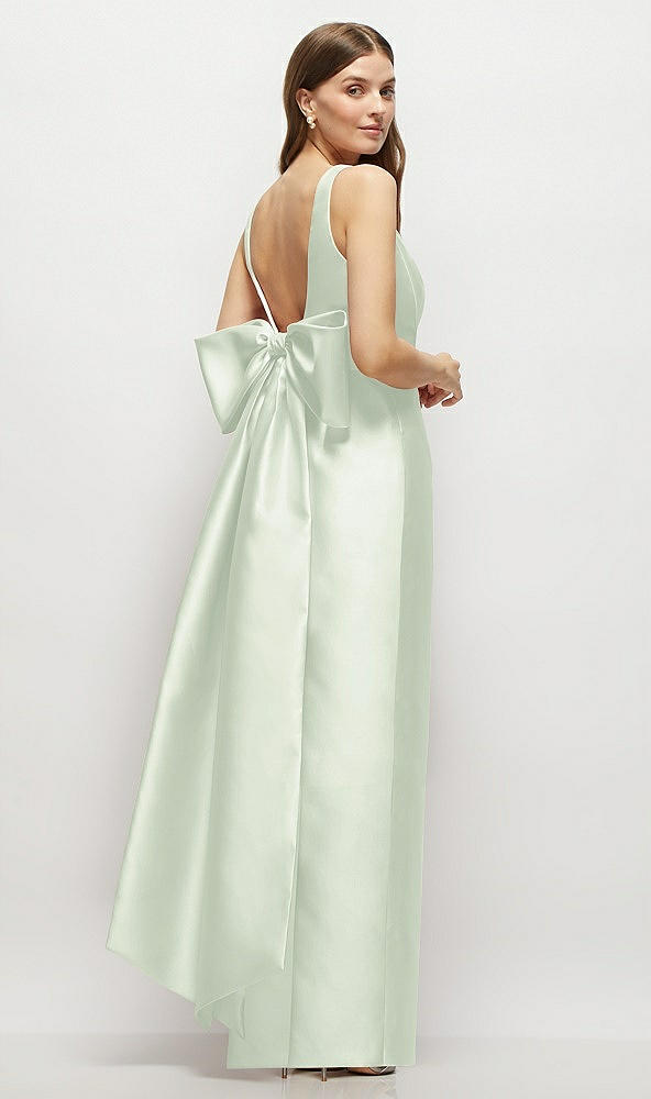 Front View - Mint Green Scoop Neck Corset Satin Maxi Dress with Floor-Length Bow Tails