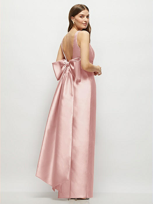 Scoop Neck Corset Satin Maxi Dress with Floor-Length Bow Tails