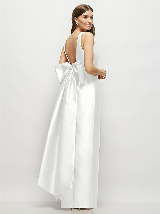 Scoop Neck Corset Satin Maxi Dress with Floor-Length Bow Tails
