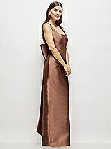 Side View Thumbnail - Cognac Scoop Neck Corset Satin Maxi Dress with Floor-Length Bow Tails
