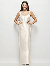Rear View Thumbnail - Ivory Scoop Neck Corset Satin Maxi Dress with Floor-Length Bow Tails