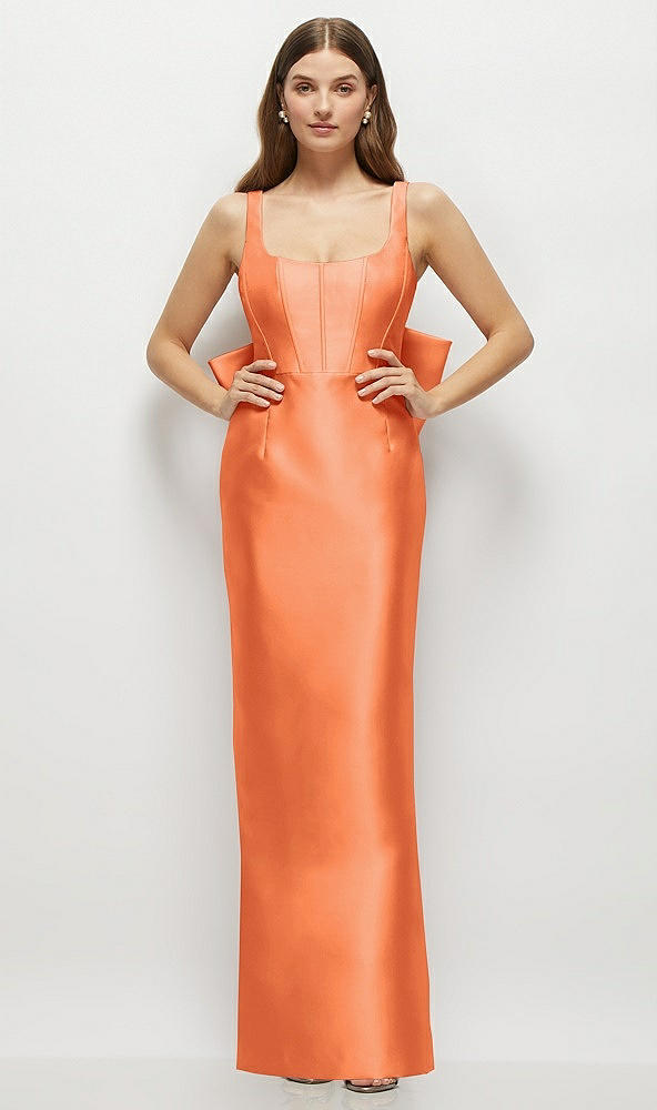 Back View - Portofino Orange Scoop Neck Corset Satin Maxi Dress with Floor-Length Bow Tails