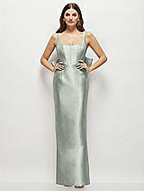 Rear View Thumbnail - Willow Green Scoop Neck Corset Satin Maxi Dress with Floor-Length Bow Tails