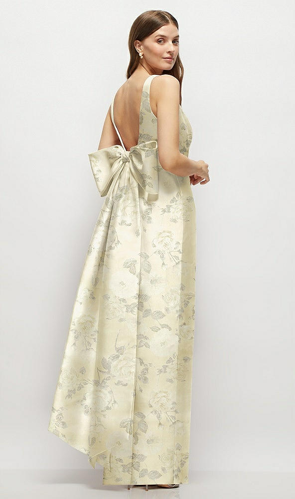 Back View - Butter Yellow Floral Floral Scoop Neck Corset Satin Maxi Dress with Floor-Length Bow Tails